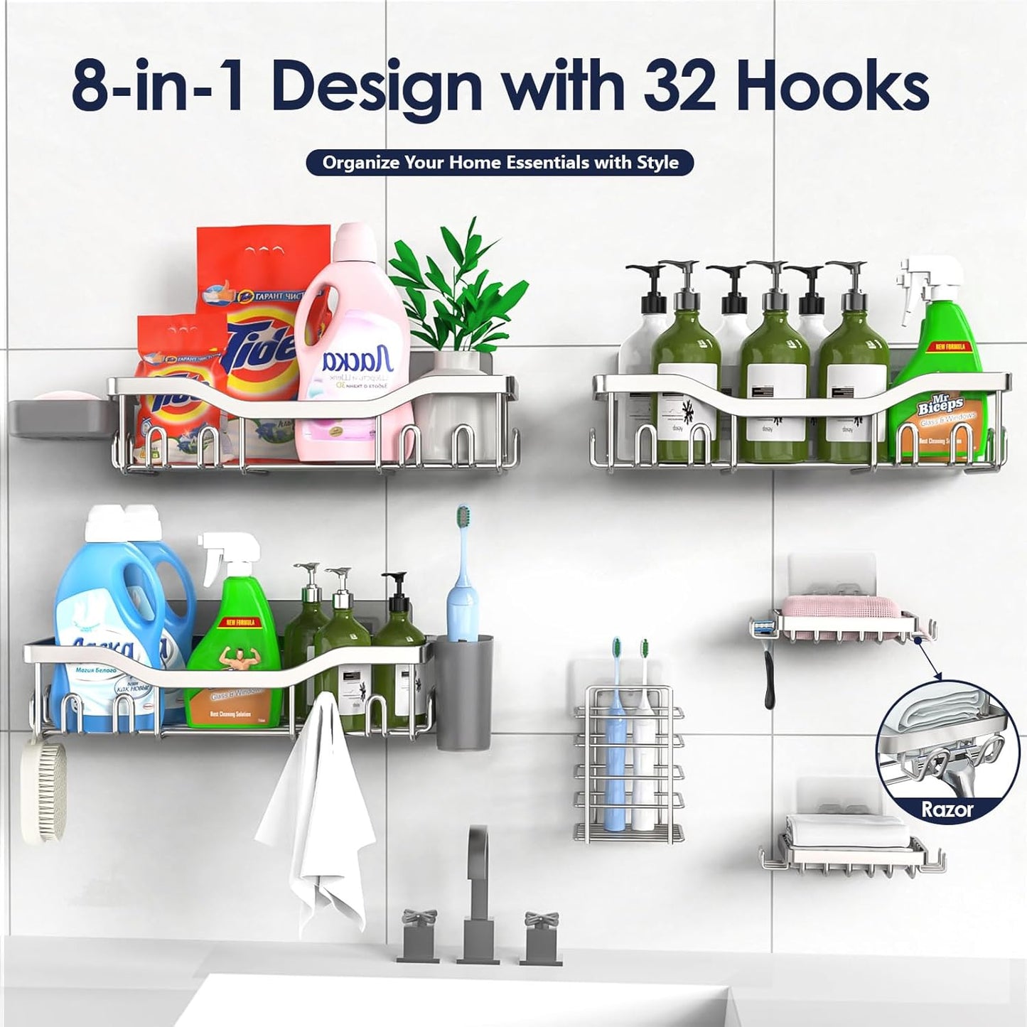 NESOMI 7-Pack Shower Caddy Adhesive,Stainless Steel Shower Organizer Shelf | Rustproof, with Soap Dish Toothbrush Holder, Large Capacity, No-Drill Rack Bathroom Storage Accessories, 24 Hooks, Home Decor