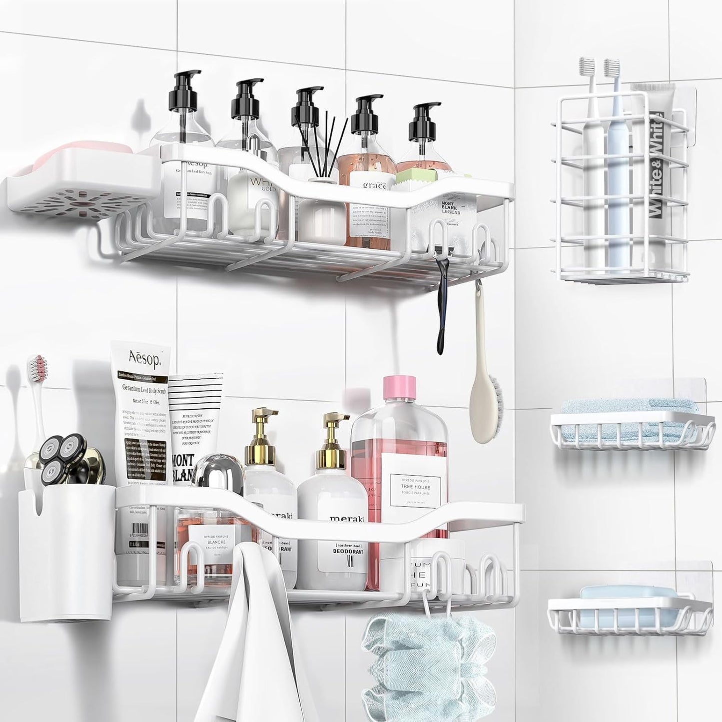 NESOMI 7-Pack Shower Caddy Adhesive,Stainless Steel Shower Organizer Shelf | Rustproof, with Soap Dish Toothbrush Holder, Large Capacity, No-Drill Rack Bathroom Storage Accessories, 24 Hooks, Home Decor