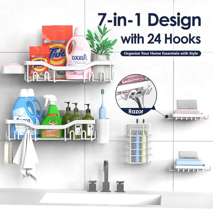 NESOMI 7-Pack Shower Caddy Adhesive,Stainless Steel Shower Organizer Shelf | Rustproof, with Soap Dish Toothbrush Holder, Large Capacity, No-Drill Rack Bathroom Storage Accessories, 24 Hooks, Home Decor