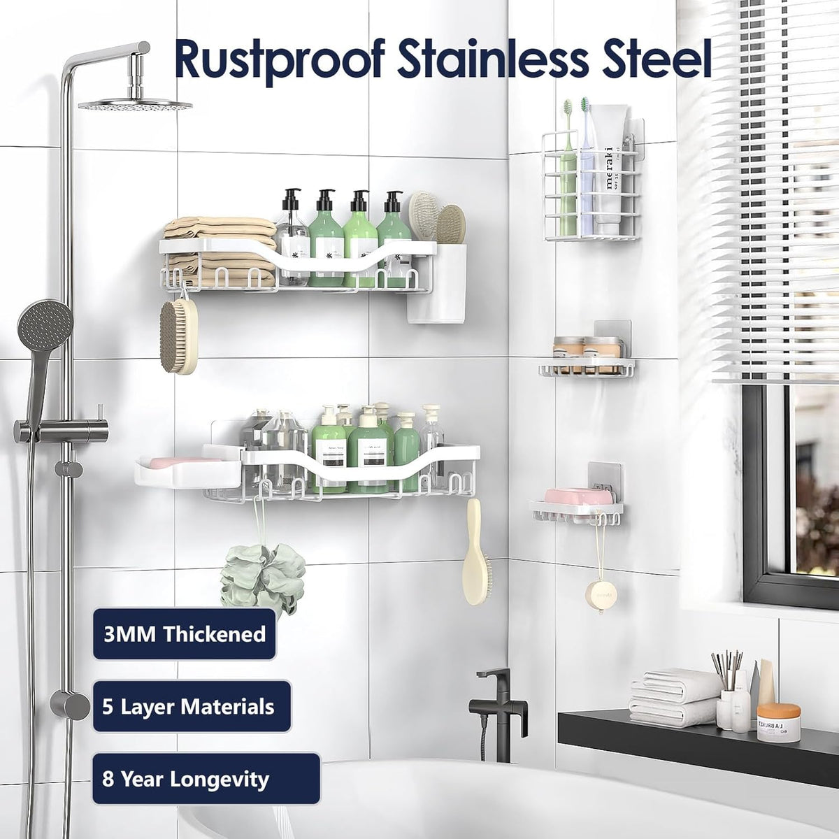 NESOMI 7-Pack Shower Caddy Adhesive,Stainless Steel Shower Organizer Shelf | Rustproof, with Soap Dish Toothbrush Holder, Large Capacity, No-Drill Rack Bathroom Storage Accessories, 24 Hooks, Home Decor