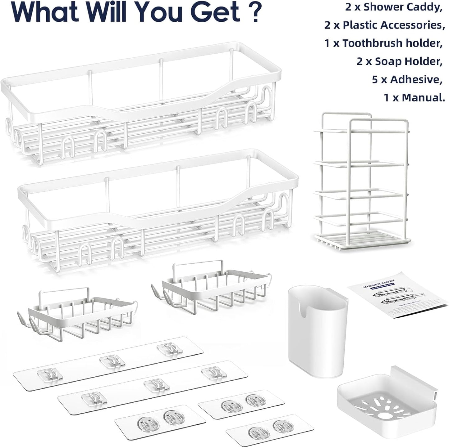 NESOMI 7-Pack Shower Caddy Adhesive,Stainless Steel Shower Organizer Shelf | Rustproof, with Soap Dish Toothbrush Holder, Large Capacity, No-Drill Rack Bathroom Storage Accessories, 24 Hooks, Home Decor