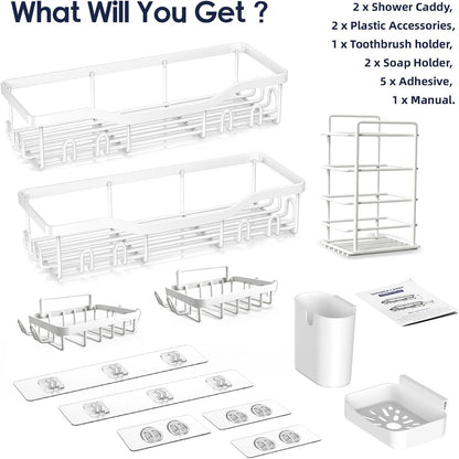 NESOMI 7-Pack Shower Caddy Adhesive,Stainless Steel Shower Organizer Shelf | Rustproof, with Soap Dish Toothbrush Holder, Large Capacity, No-Drill Rack Bathroom Storage Accessories, 24 Hooks, Home Decor