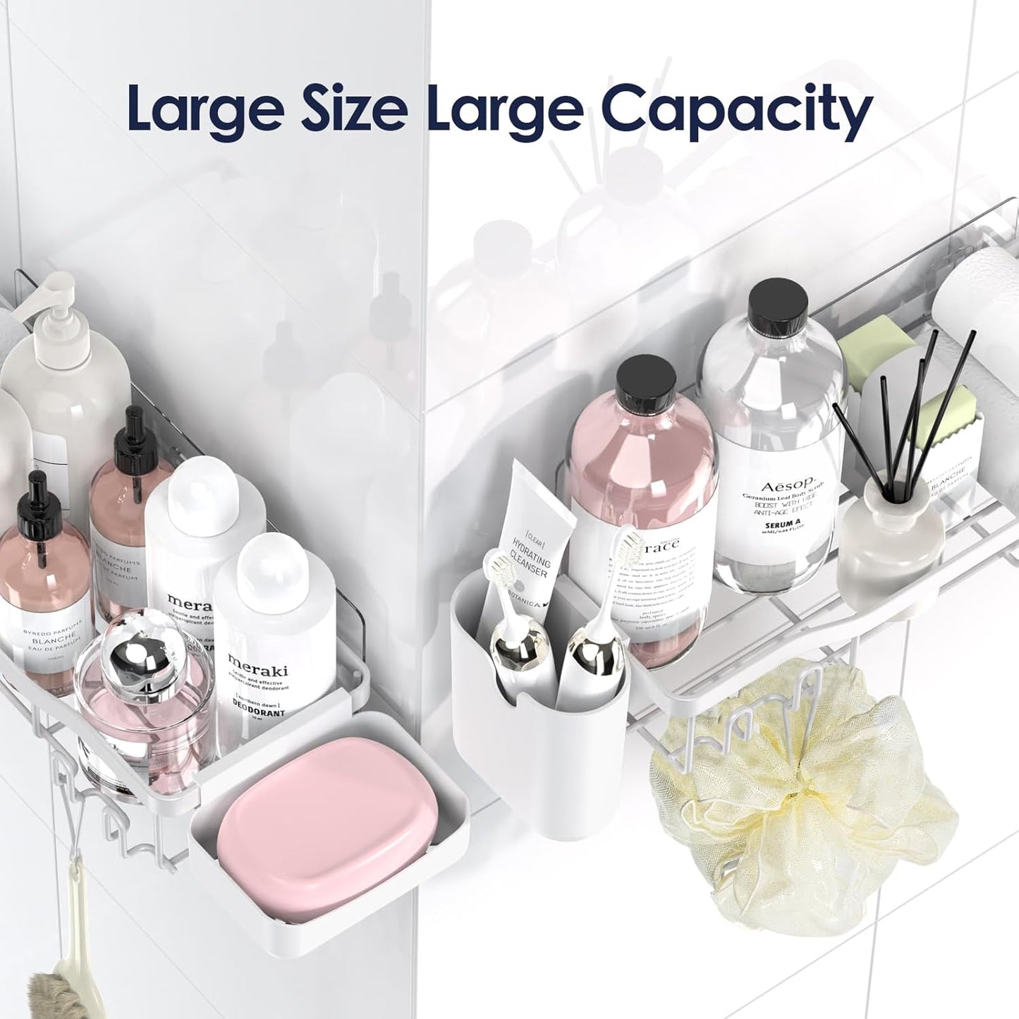 NESOMI 7-Pack Shower Caddy Adhesive,Stainless Steel Shower Organizer Shelf | Rustproof, with Soap Dish Toothbrush Holder, Large Capacity, No-Drill Rack Bathroom Storage Accessories, 24 Hooks, Home Decor