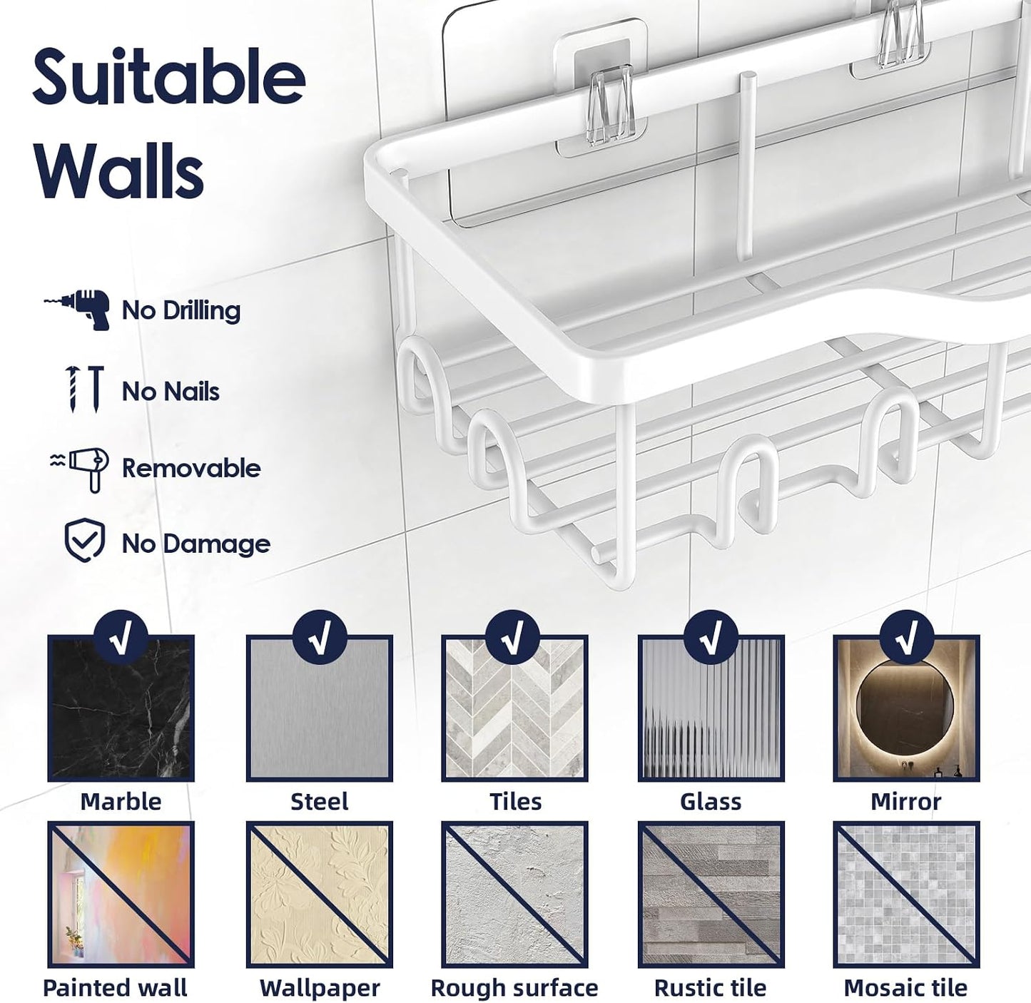 NESOMI 7-Pack Shower Caddy Adhesive,Stainless Steel Shower Organizer Shelf | Rustproof, with Soap Dish Toothbrush Holder, Large Capacity, No-Drill Rack Bathroom Storage Accessories, 24 Hooks, Home Decor