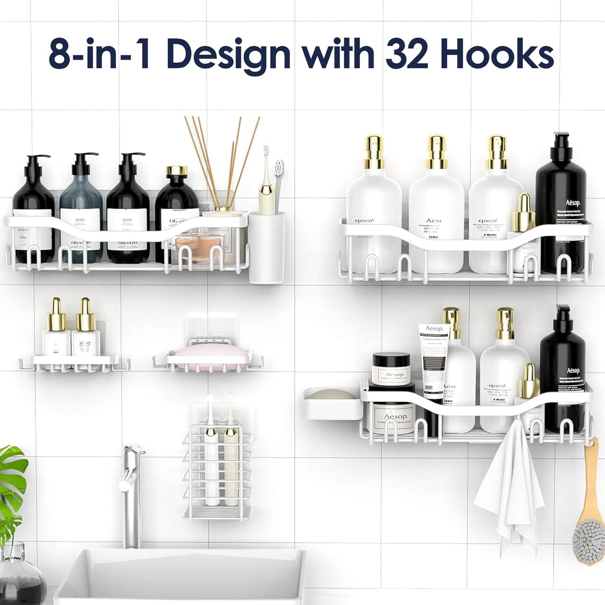 NESOMI 7-Pack Shower Caddy Adhesive,Stainless Steel Shower Organizer Shelf | Rustproof, with Soap Dish Toothbrush Holder, Large Capacity, No-Drill Rack Bathroom Storage Accessories, 24 Hooks, Home Decor