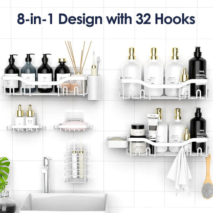 NESOMI 7-Pack Shower Caddy Adhesive,Stainless Steel Shower Organizer Shelf | Rustproof, with Soap Dish Toothbrush Holder, Large Capacity, No-Drill Rack Bathroom Storage Accessories, 24 Hooks, Home Decor