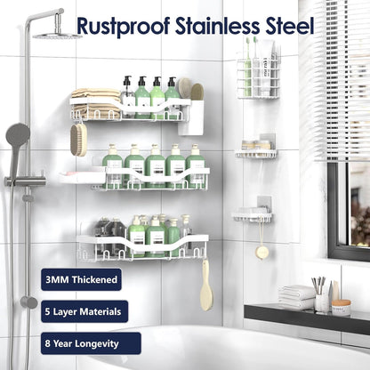 NESOMI 7-Pack Shower Caddy Adhesive,Stainless Steel Shower Organizer Shelf | Rustproof, with Soap Dish Toothbrush Holder, Large Capacity, No-Drill Rack Bathroom Storage Accessories, 24 Hooks, Home Decor