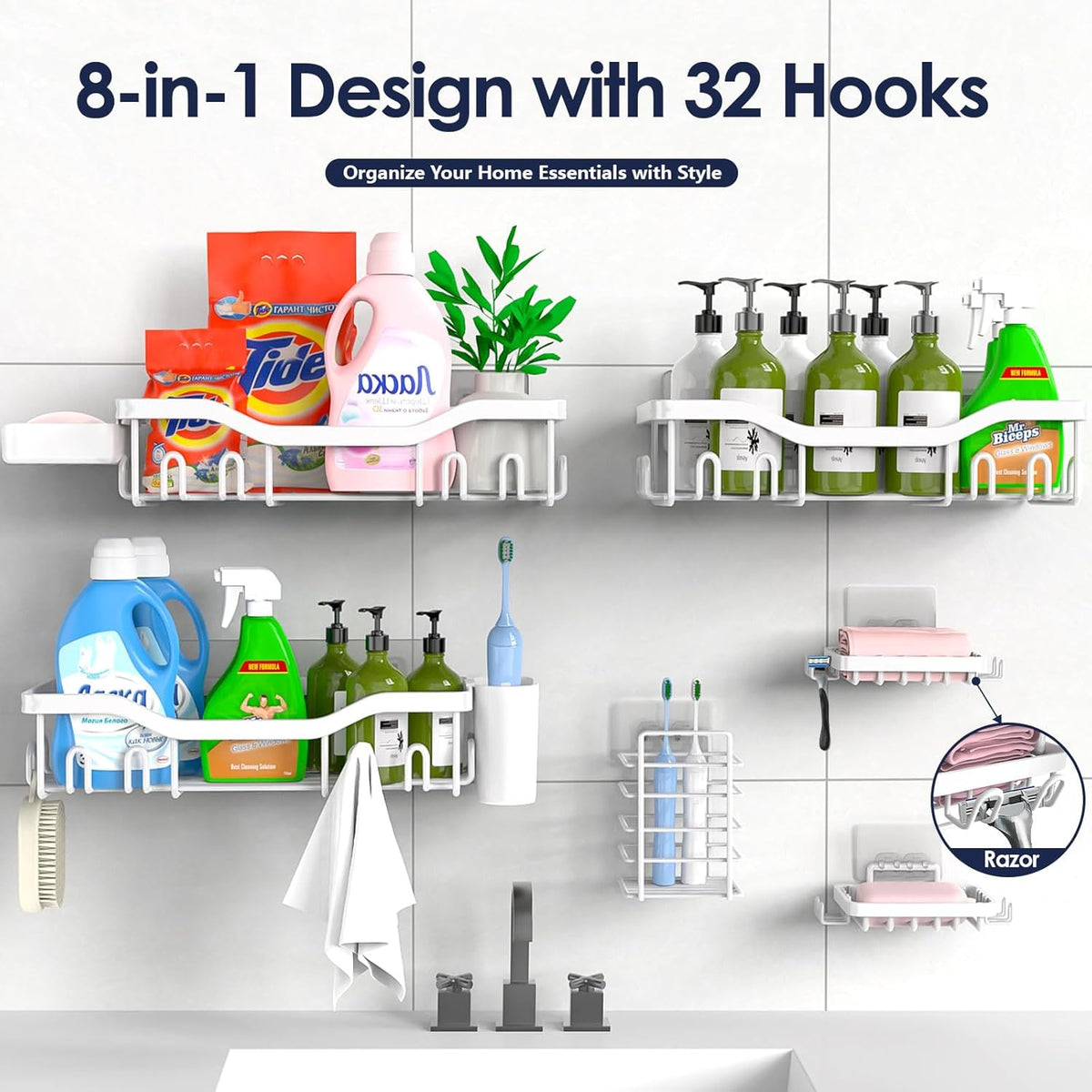 NESOMI 7-Pack Shower Caddy Adhesive,Stainless Steel Shower Organizer Shelf | Rustproof, with Soap Dish Toothbrush Holder, Large Capacity, No-Drill Rack Bathroom Storage Accessories, 24 Hooks, Home Decor