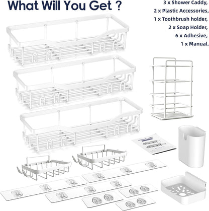 NESOMI 7-Pack Shower Caddy Adhesive,Stainless Steel Shower Organizer Shelf | Rustproof, with Soap Dish Toothbrush Holder, Large Capacity, No-Drill Rack Bathroom Storage Accessories, 24 Hooks, Home Decor