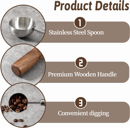 Vintage Coffee Measuring Spoon, Stainless Steel Coffee Scoop with Walnut Handle