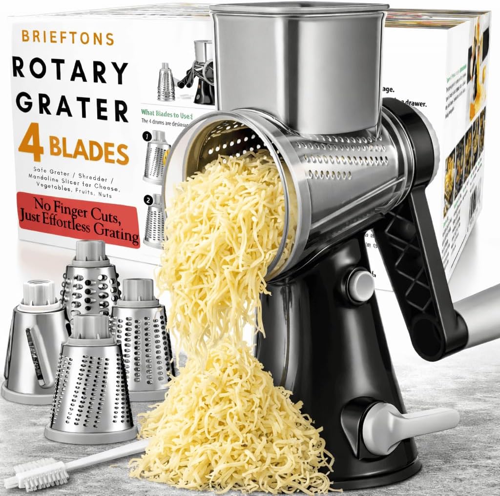 4-Blade Rotary Cheese Grater, Kitchen Food Cutter with Handle, Mandoline Vegetable Slicer, Nut Grinder, Hand Crank Shredder for Cheese, Vegetables, Fruits, Nuts, Easy to Use, Clean & Store
