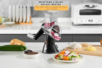4-Blade Rotary Cheese Grater, Kitchen Food Cutter with Handle, Mandoline Vegetable Slicer, Nut Grinder, Hand Crank Shredder for Cheese, Vegetables, Fruits, Nuts, Easy to Use, Clean & Store
