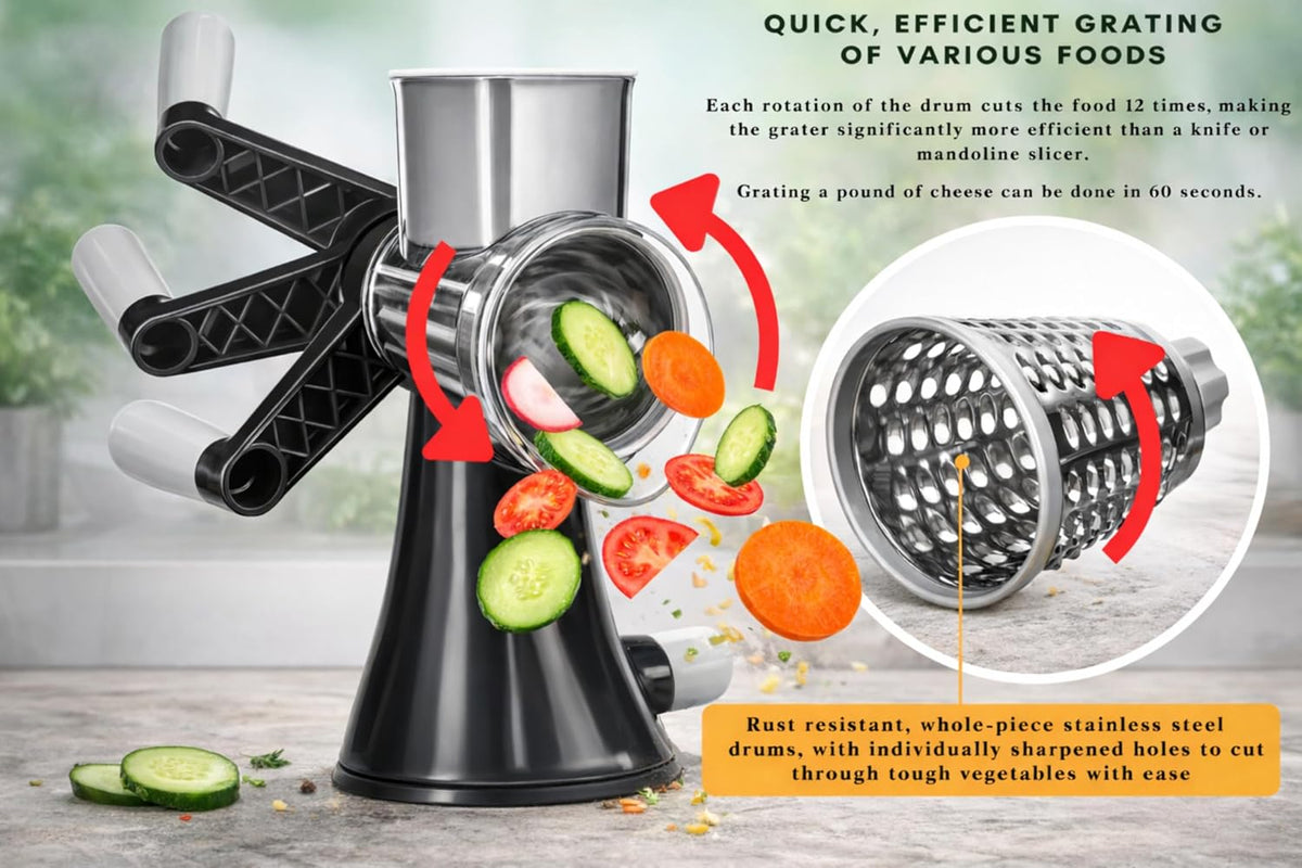 4-Blade Rotary Cheese Grater, Kitchen Food Cutter with Handle, Mandoline Vegetable Slicer, Nut Grinder, Hand Crank Shredder for Cheese, Vegetables, Fruits, Nuts, Easy to Use, Clean & Store