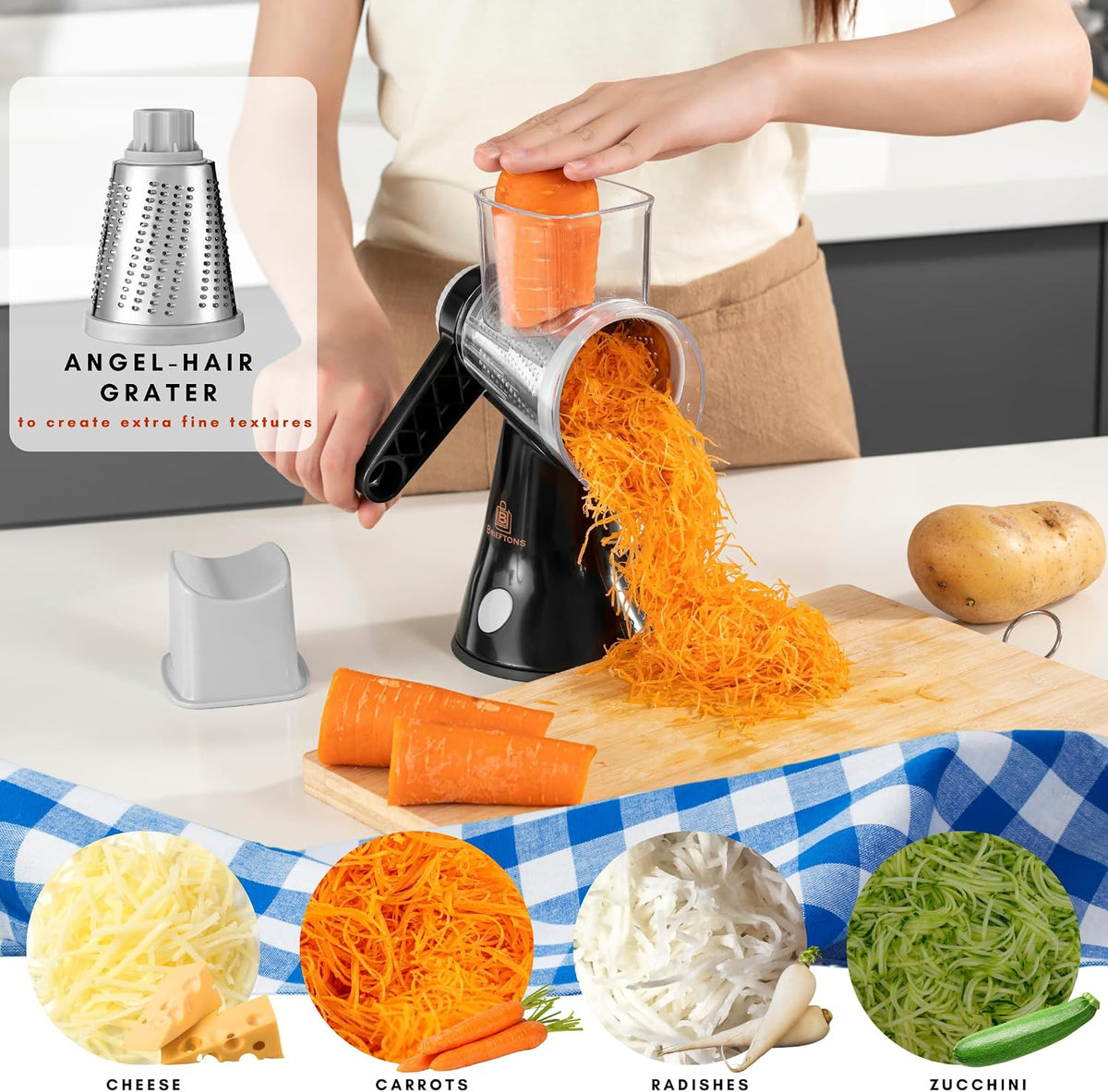 4-Blade Rotary Cheese Grater, Kitchen Food Cutter with Handle, Mandoline Vegetable Slicer, Nut Grinder, Hand Crank Shredder for Cheese, Vegetables, Fruits, Nuts, Easy to Use, Clean & Store