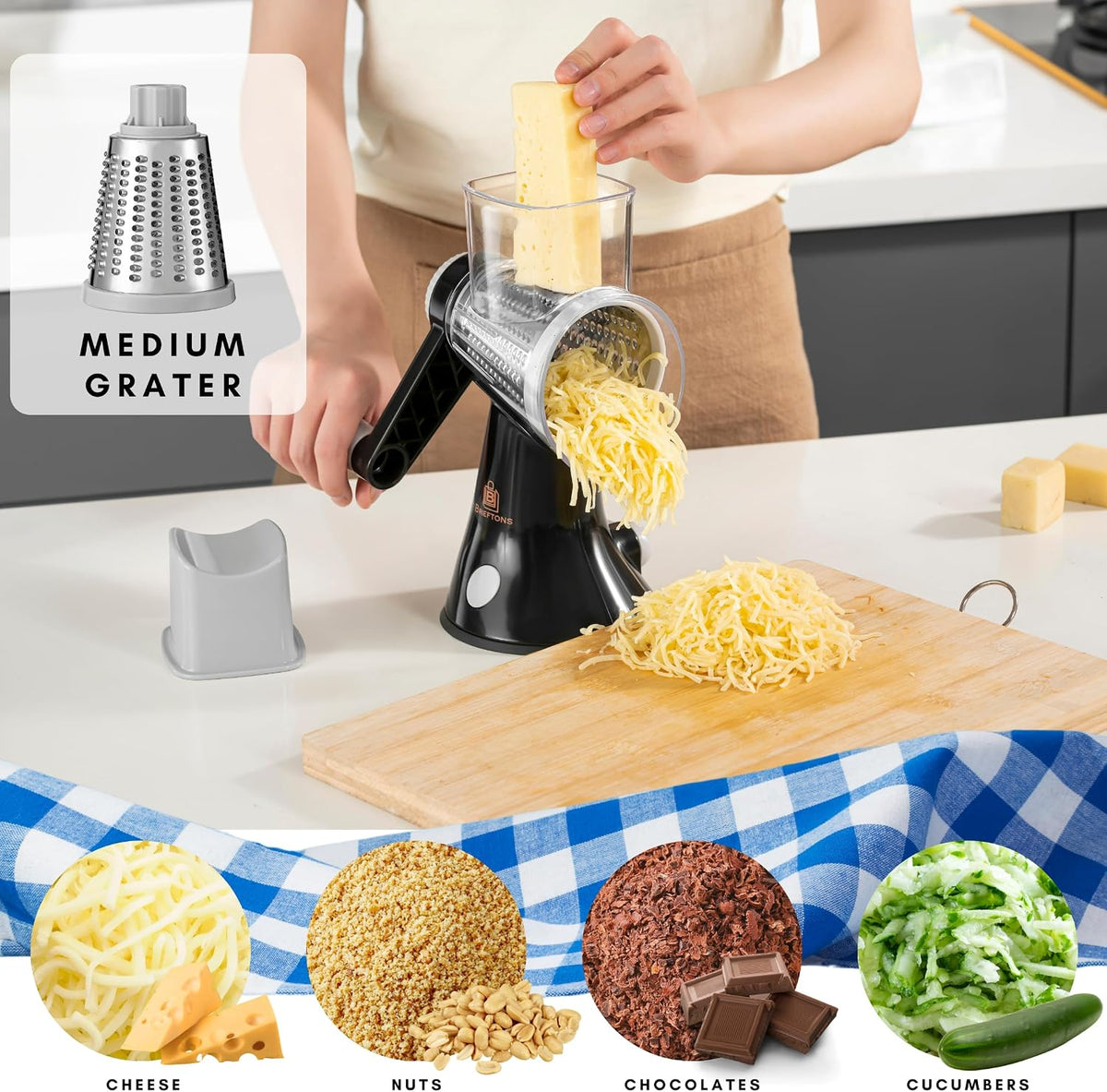 4-Blade Rotary Cheese Grater, Kitchen Food Cutter with Handle, Mandoline Vegetable Slicer, Nut Grinder, Hand Crank Shredder for Cheese, Vegetables, Fruits, Nuts, Easy to Use, Clean & Store