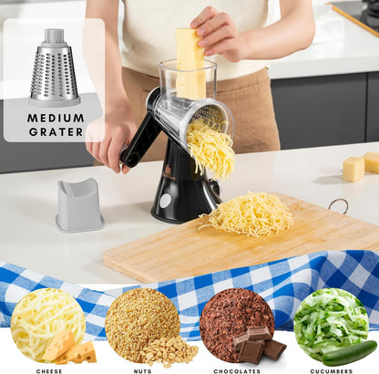 4-Blade Rotary Cheese Grater, Kitchen Food Cutter with Handle, Mandoline Vegetable Slicer, Nut Grinder, Hand Crank Shredder for Cheese, Vegetables, Fruits, Nuts, Easy to Use, Clean & Store