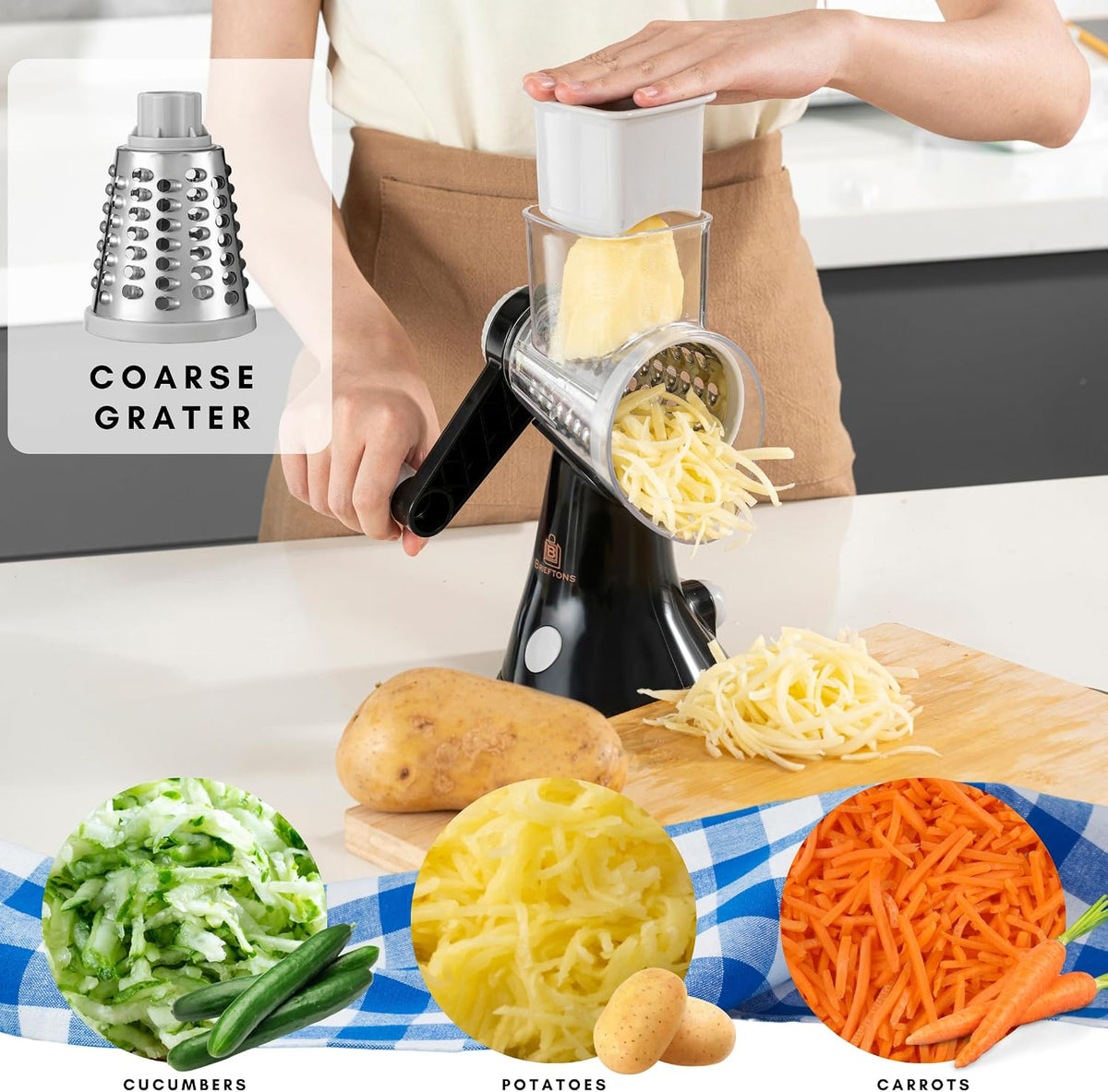 4-Blade Rotary Cheese Grater, Kitchen Food Cutter with Handle, Mandoline Vegetable Slicer, Nut Grinder, Hand Crank Shredder for Cheese, Vegetables, Fruits, Nuts, Easy to Use, Clean & Store