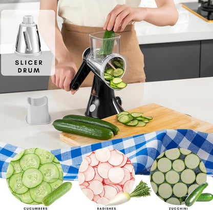 4-Blade Rotary Cheese Grater, Kitchen Food Cutter with Handle, Mandoline Vegetable Slicer, Nut Grinder, Hand Crank Shredder for Cheese, Vegetables, Fruits, Nuts, Easy to Use, Clean & Store