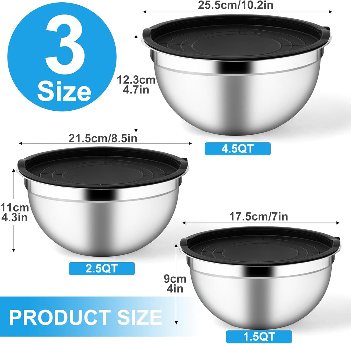 Set of 3 Mixing Bowls with Airtight Lids, Black