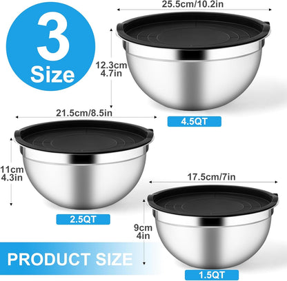 Set of 3 Mixing Bowls with Airtight Lids, Black