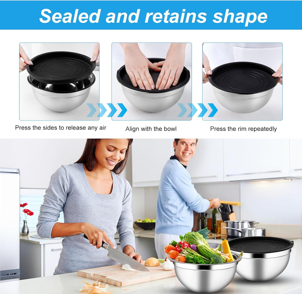 Set of 3 Mixing Bowls with Airtight Lids, Black