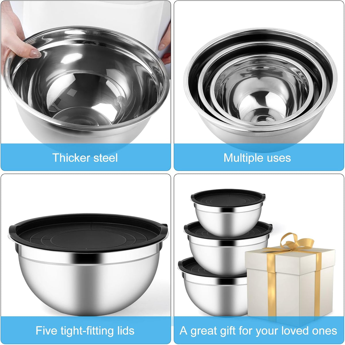 Set of 3 Mixing Bowls with Airtight Lids, Black