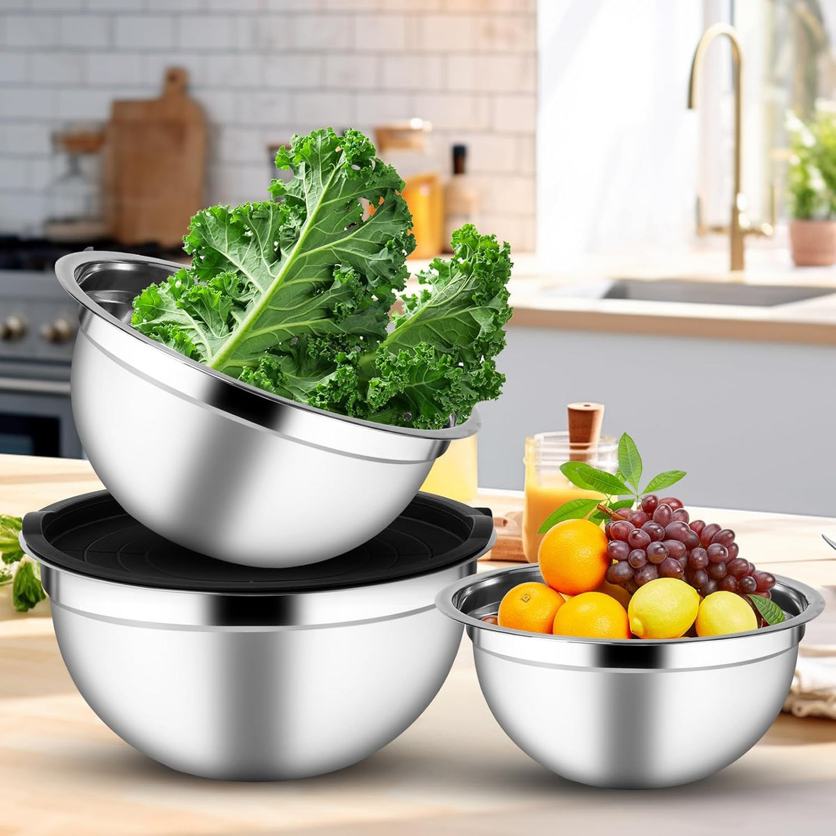 Set of 3 Mixing Bowls with Airtight Lids, Black