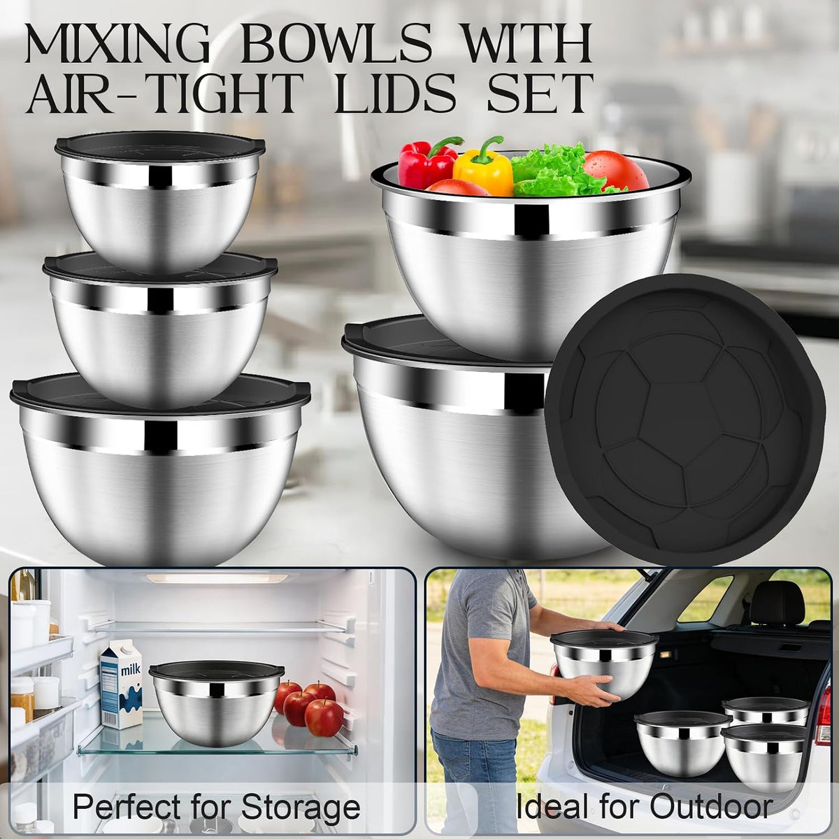 Mixing Bowls with Lids Set, Stainless Steel Mixing Bowl with Colander