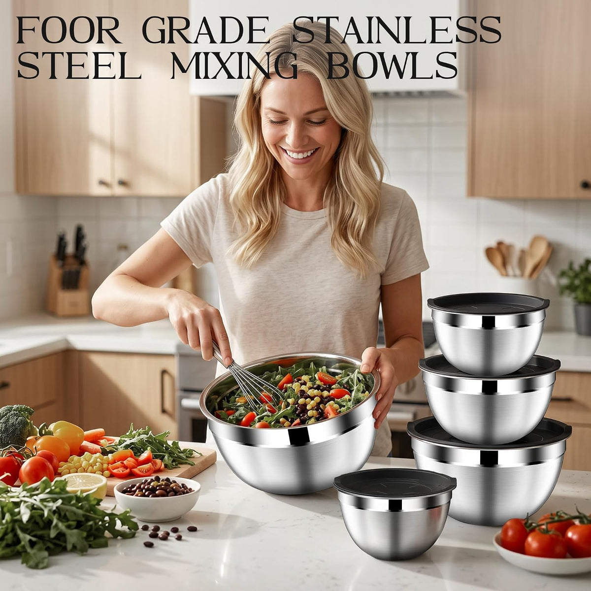 Mixing Bowls with Lids Set, Stainless Steel Mixing Bowl with Colander