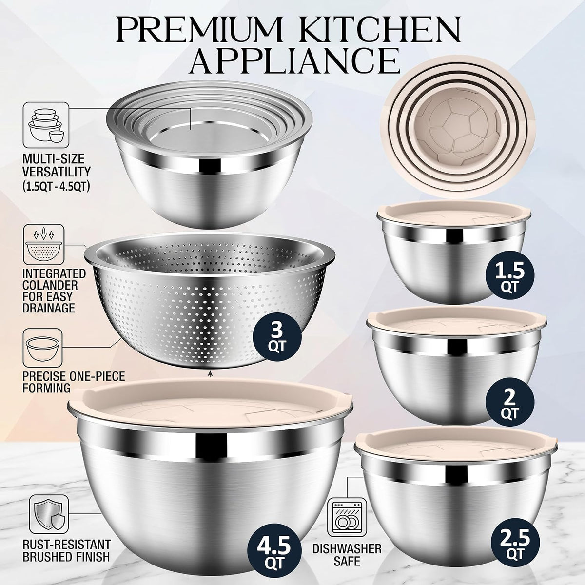Mixing Bowls with Lids Set, Stainless Steel Mixing Bowl with Colander