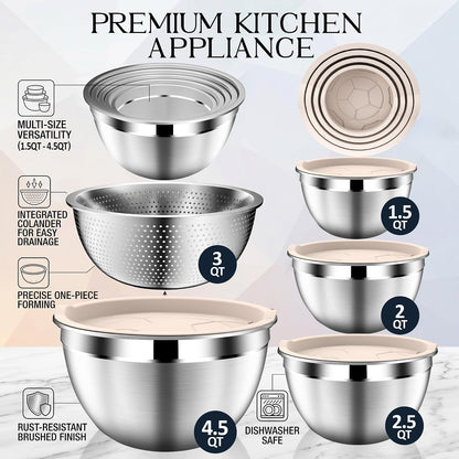 Mixing Bowls with Lids Set, Stainless Steel Mixing Bowl with Colander