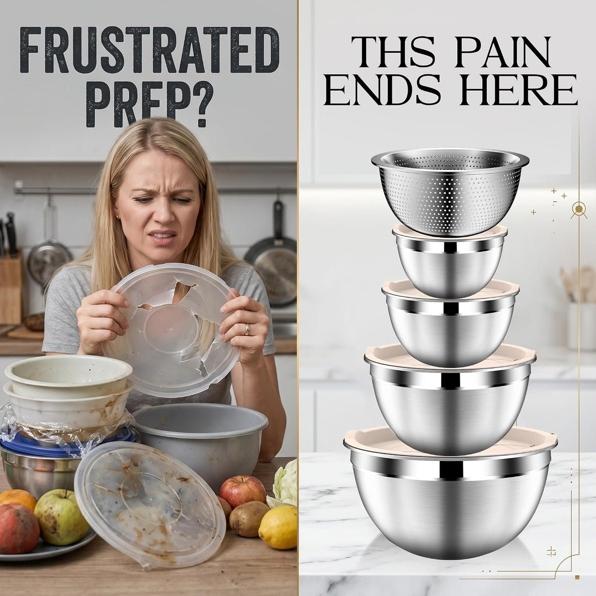 Mixing Bowls with Lids Set, Stainless Steel Mixing Bowl with Colander