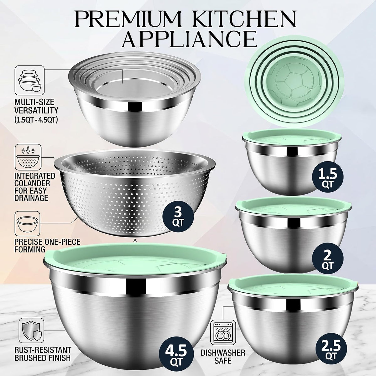 Mixing Bowls with Lids Set, Stainless Steel Mixing Bowl with Colander