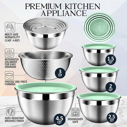 Mixing Bowls with Lids Set, Stainless Steel Mixing Bowl with Colander