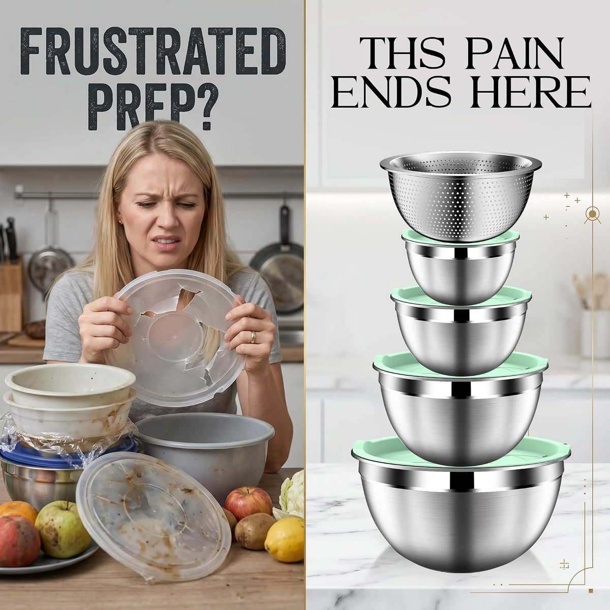 Mixing Bowls with Lids Set, Stainless Steel Mixing Bowl with Colander