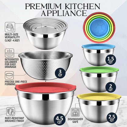 Mixing Bowls with Lids Set, Stainless Steel Mixing Bowl with Colander