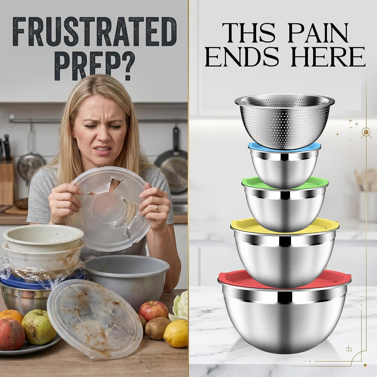Mixing Bowls with Lids Set, Stainless Steel Mixing Bowl with Colander