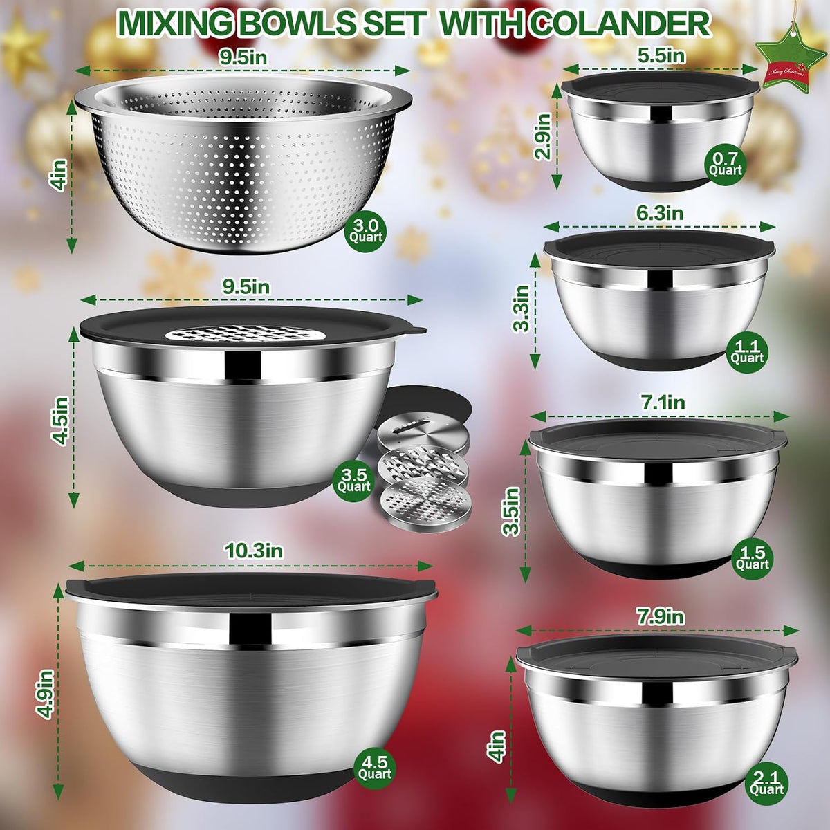 Mixing Bowls with Lids Set, Stainless Steel Mixing Bowl with Colander