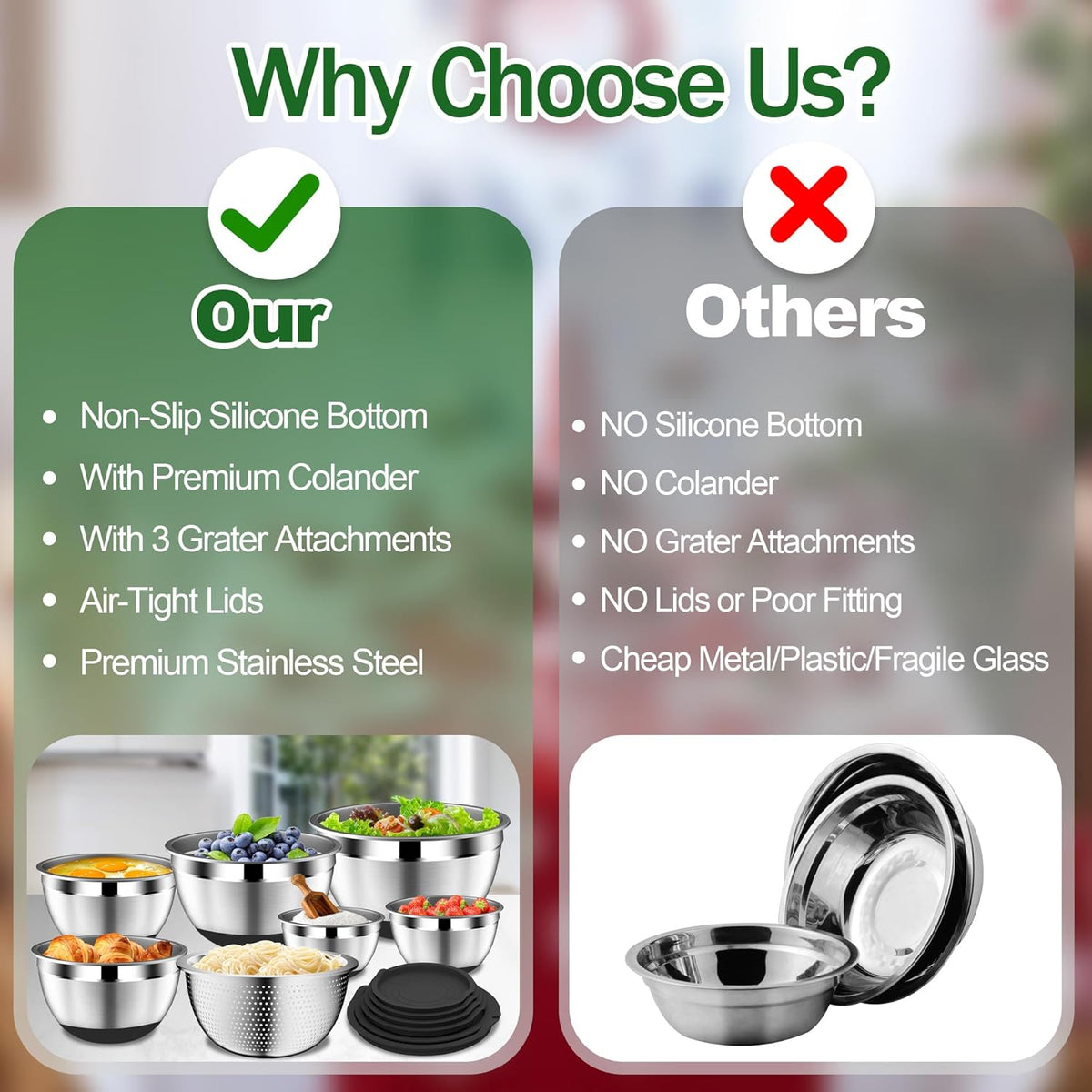 Mixing Bowls with Lids Set, Stainless Steel Mixing Bowl with Colander