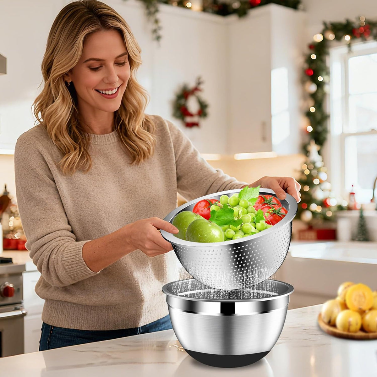 Mixing Bowls with Lids Set, Stainless Steel Mixing Bowl with Colander