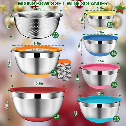 Mixing Bowls with Lids Set, Stainless Steel Mixing Bowl with Colander