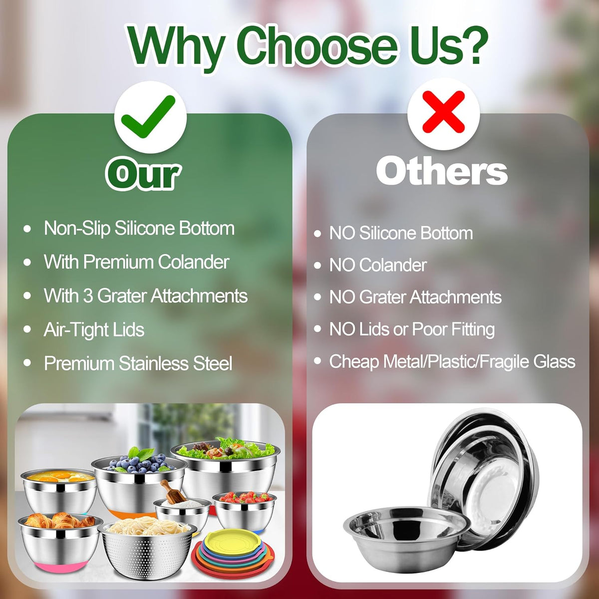 Mixing Bowls with Lids Set, Stainless Steel Mixing Bowl with Colander