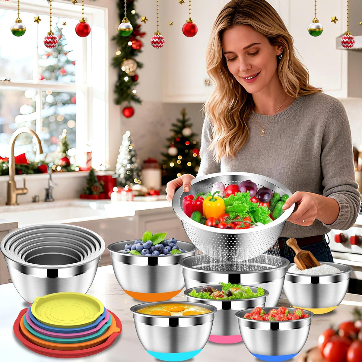 Mixing Bowls with Lids Set, Stainless Steel Mixing Bowl with Colander