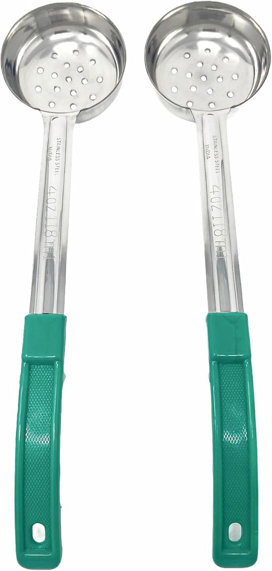 2 Pack - 4 oz. Slotted Portion Control Scoops, Spoodles - Green Handle Perforated Food Serving Spoon, Medium, Silver, MCP04EP