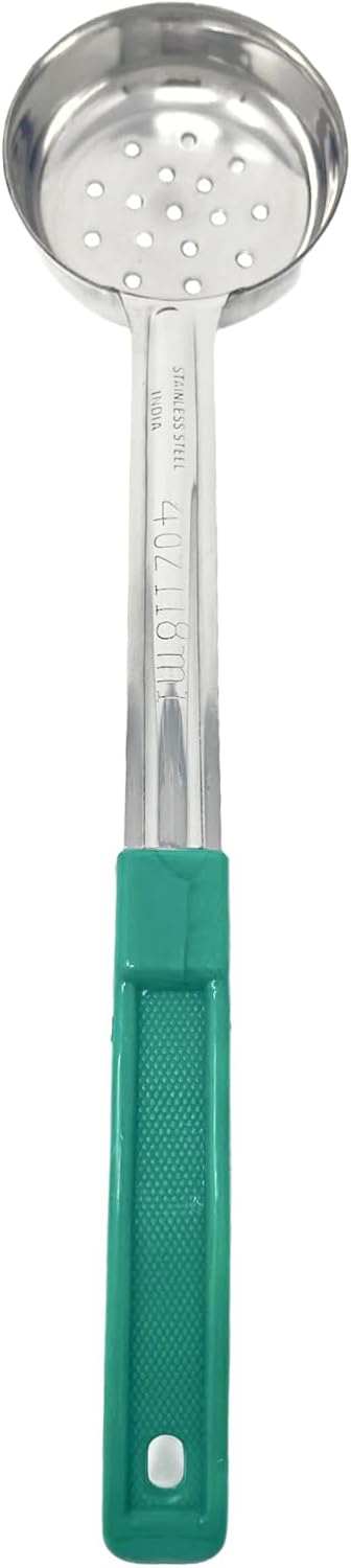 2 Pack - 4 oz. Slotted Portion Control Scoops, Spoodles - Green Handle Perforated Food Serving Spoon, Medium, Silver, MCP04EP