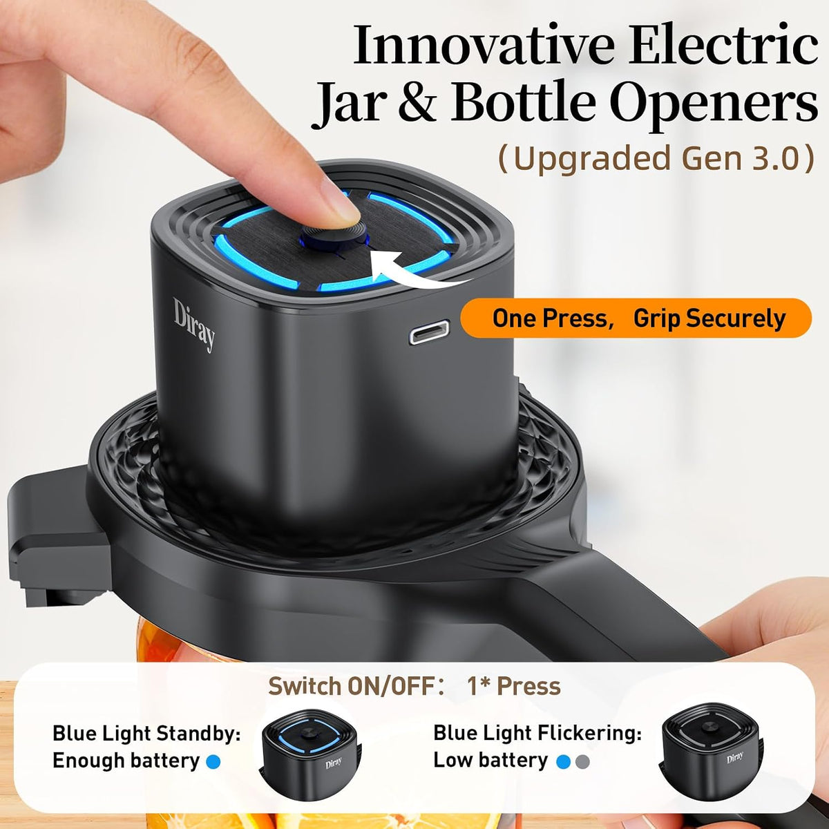 2-in-1 Electric Jar & Bottle Opener, Power-Clamp Auto Lock & Manual Twist, Smooth Mechanical Feel, Durable Tool for Arthritis Sufferers & Elderly, Free Anti-Slip Gripper Pad