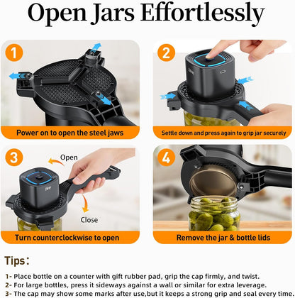 2-in-1 Electric Jar & Bottle Opener, Power-Clamp Auto Lock & Manual Twist, Smooth Mechanical Feel, Durable Tool for Arthritis Sufferers & Elderly, Free Anti-Slip Gripper Pad