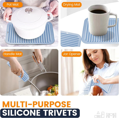 Silicone Trivet Mats 4 Heat Resistant Pot Holders Multipurpose Non-Slip Hot Pads for Kitchen Potholders, Drying mat, Jar Opener, Spoon Holder, Coaster.(Dark Grey)