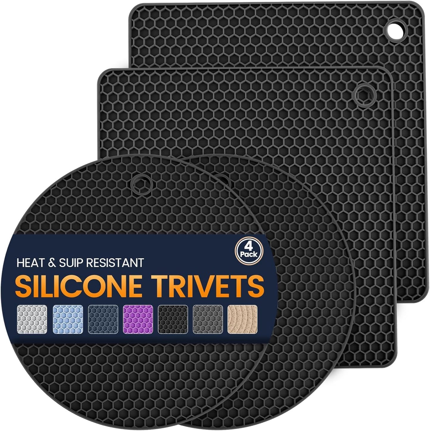 Silicone Trivet Mats 4 Heat Resistant Pot Holders Multipurpose Non-Slip Hot Pads for Kitchen Potholders, Drying mat, Jar Opener, Spoon Holder, Coaster.(Dark Grey)