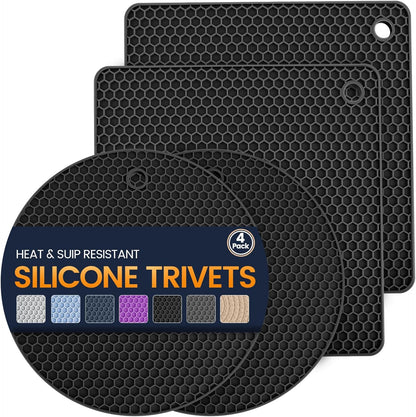 Silicone Trivet Mats 4 Heat Resistant Pot Holders Multipurpose Non-Slip Hot Pads for Kitchen Potholders, Drying mat, Jar Opener, Spoon Holder, Coaster.(Dark Grey)